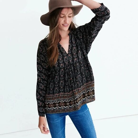Madewell Silk Floral Bohemian Western Ranch Prairiecore Preppy Whimsigoth Top L  - Picture 1 of 12